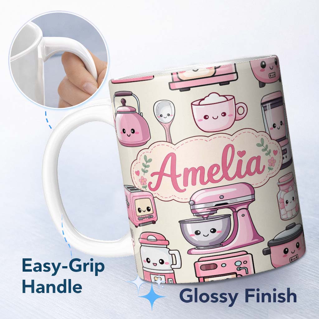Personalized Custom Name Cute Kawaii Pink Kitchen Appliances Cream Background Seamless 11oz Ceramic Coffee Tea Mug White Large Handle