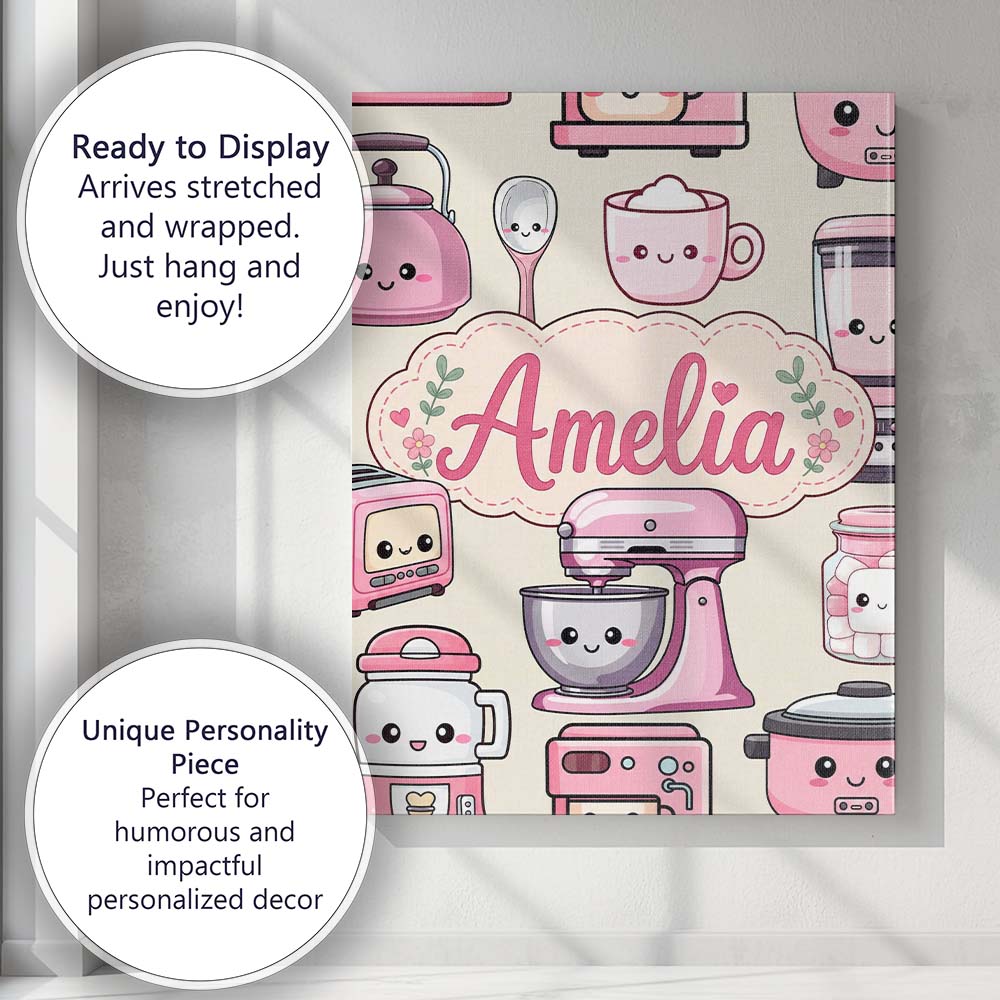 Personalised Name Cute Kawaii Pink Appliances Custom Unique Gift Idea Modern Room Accent Canvas Wall Art Print Decor Picture Ready to Hang