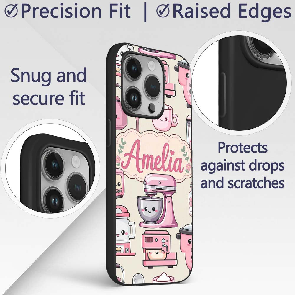Cute Kawaii Pink Appliances Cream Background Custom Name Protective Phone Case Mobile Cover Durable Everyday Smartphone Shock Resistant