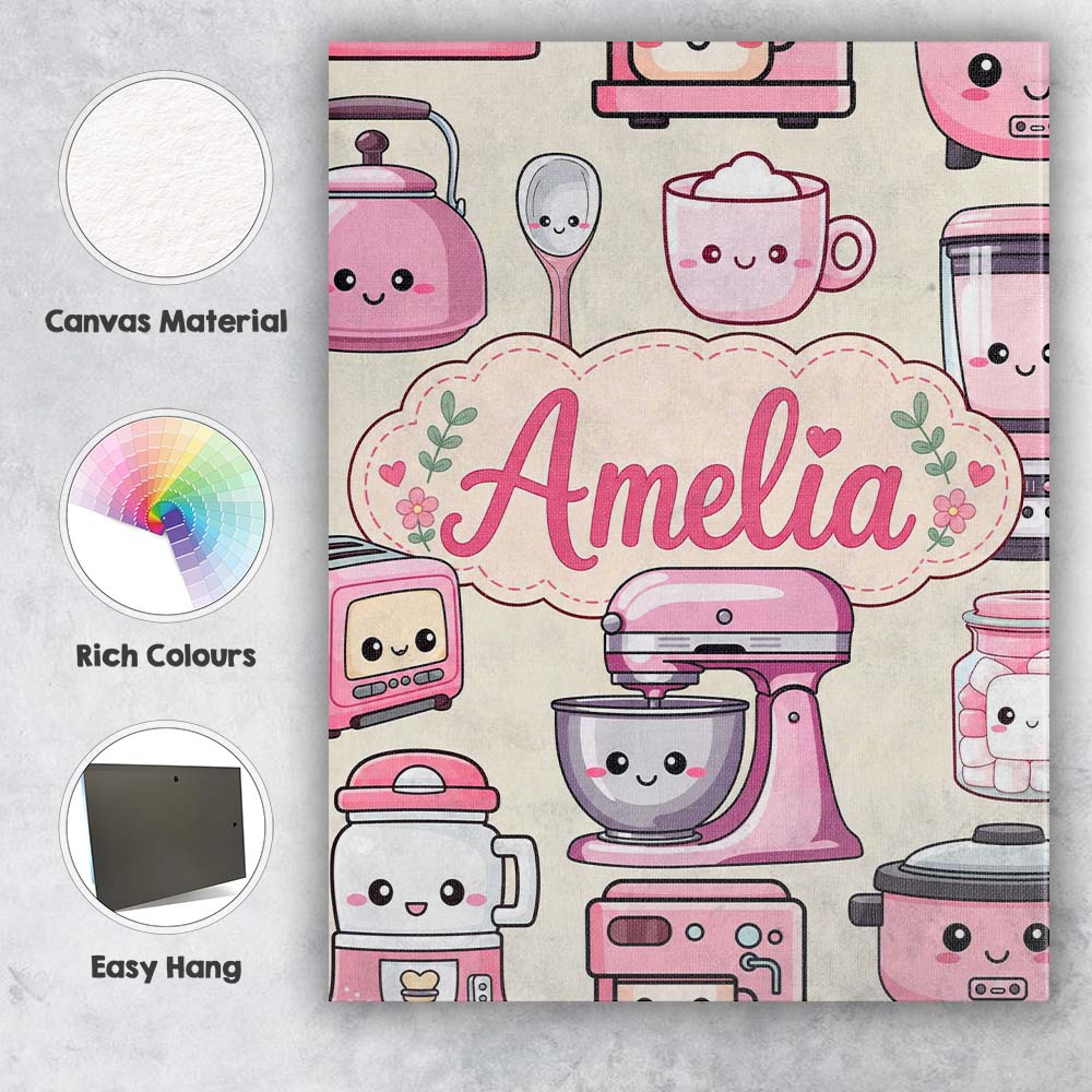 Personalised Name Cute Kawaii Pink Appliances Custom Unique Gift Idea Modern Room Accent Canvas Wall Art Print Decor Picture Ready to Hang