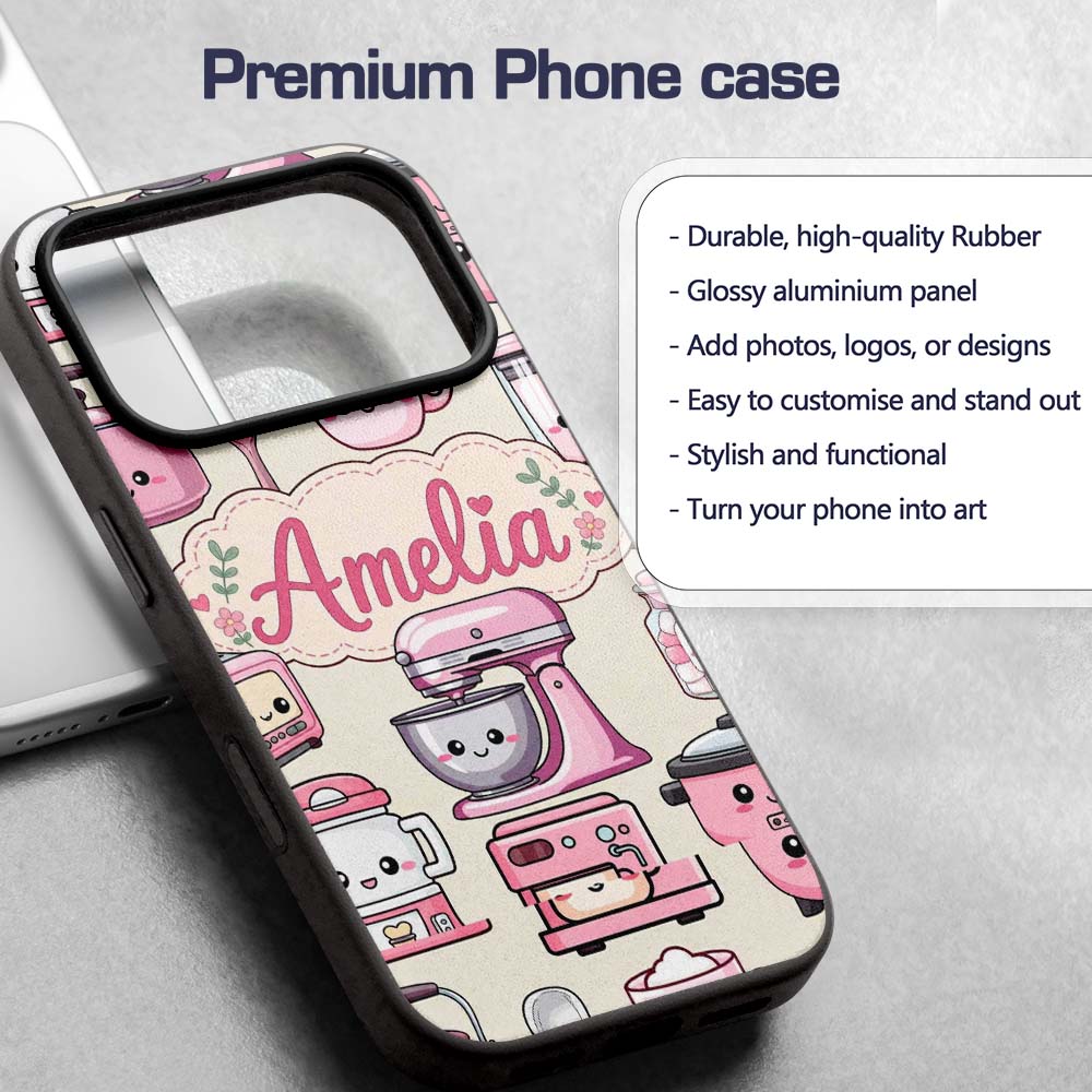 Cute Kawaii Pink Appliances Cream Background Custom Name Protective Phone Case Mobile Cover Durable Everyday Smartphone Shock Resistant