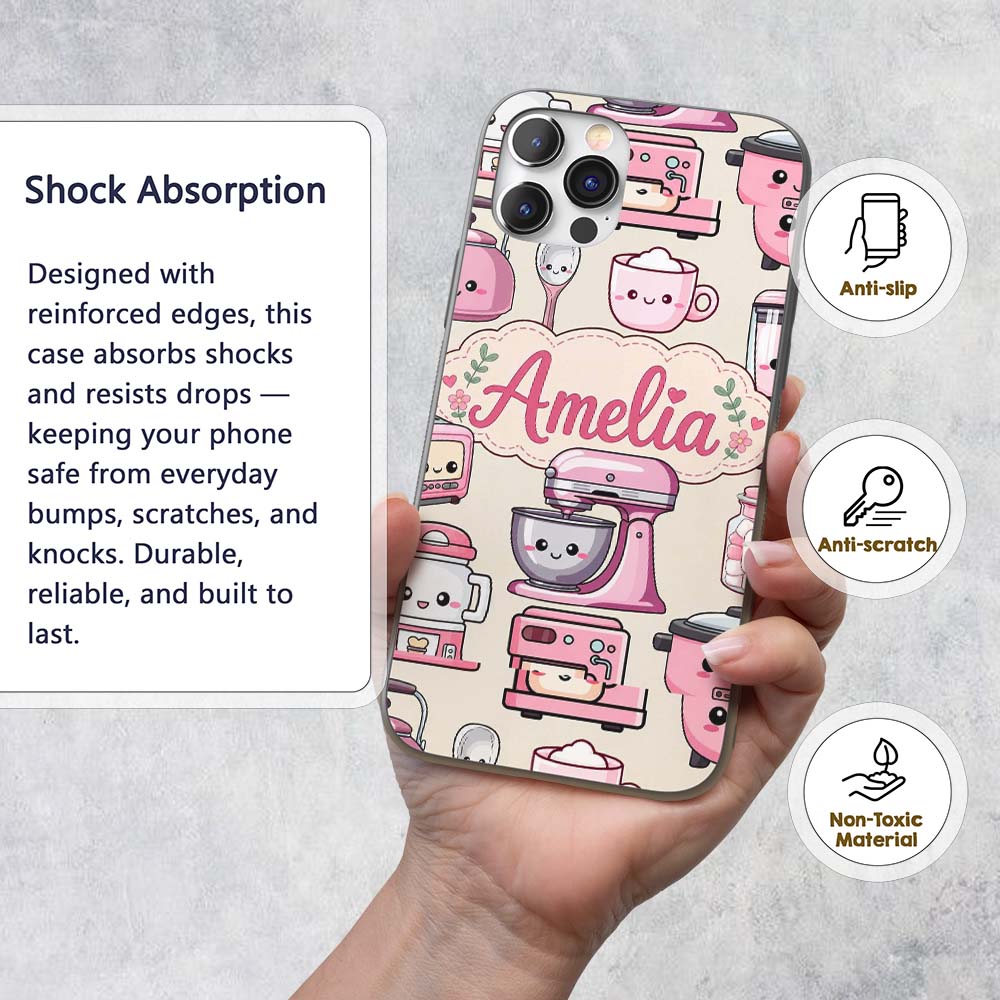 Cute Kawaii Pink Appliances Cream Background Custom Name Protective Phone Case Mobile Cover Durable Everyday Smartphone Shock Resistant