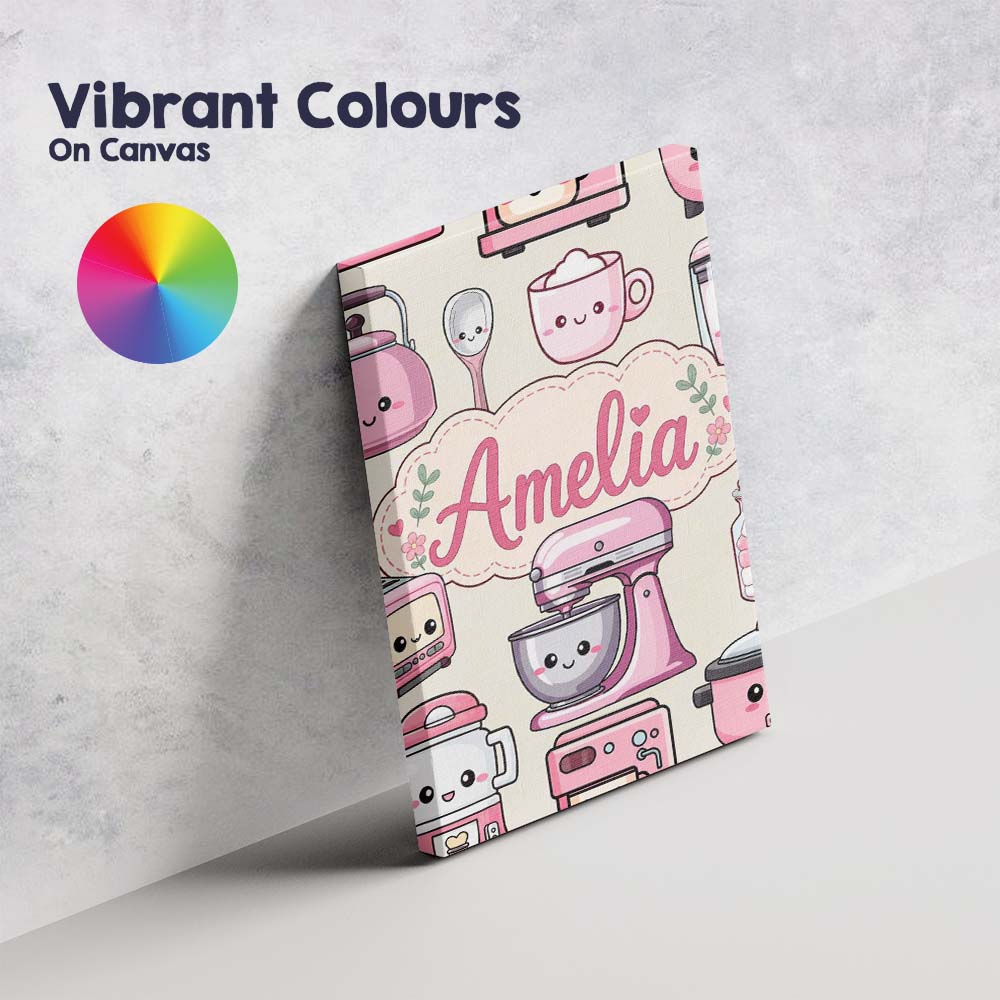 Personalised Name Cute Kawaii Pink Appliances Custom Unique Gift Idea Modern Room Accent Canvas Wall Art Print Decor Picture Ready to Hang