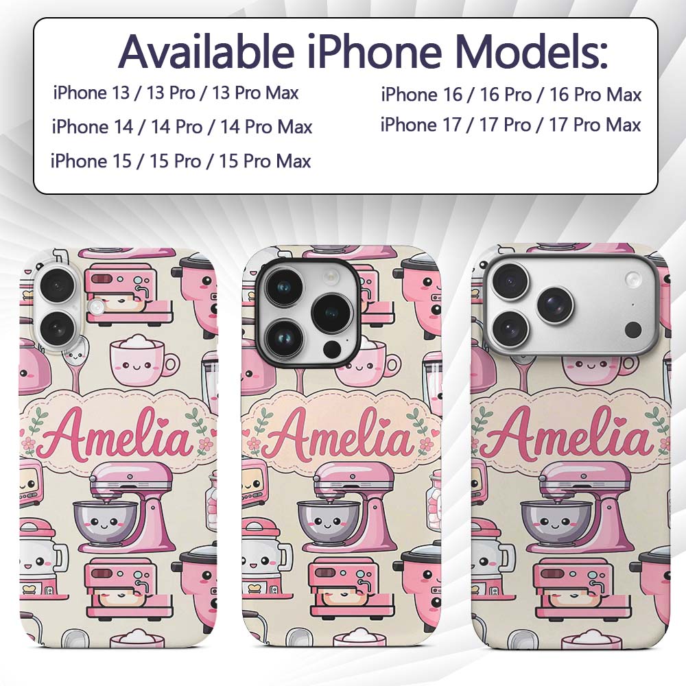 Cute Kawaii Pink Appliances Cream Background Custom Name Protective Phone Case Mobile Cover Durable Everyday Smartphone Shock Resistant