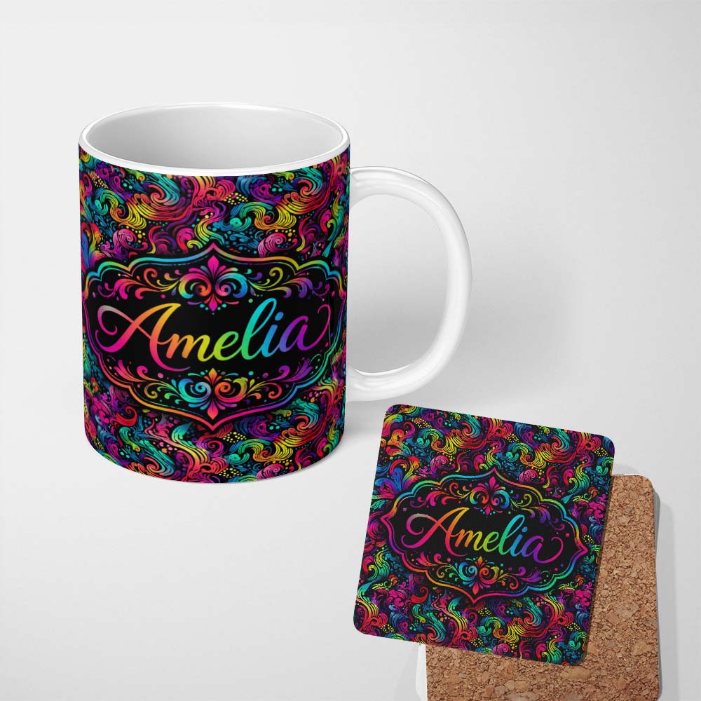 Personalized Custom Name Psychedelic Rainbow Wave Swirl Pattern on Black Background Seamless 11oz Ceramic Coffee Tea Mug White Large Handle