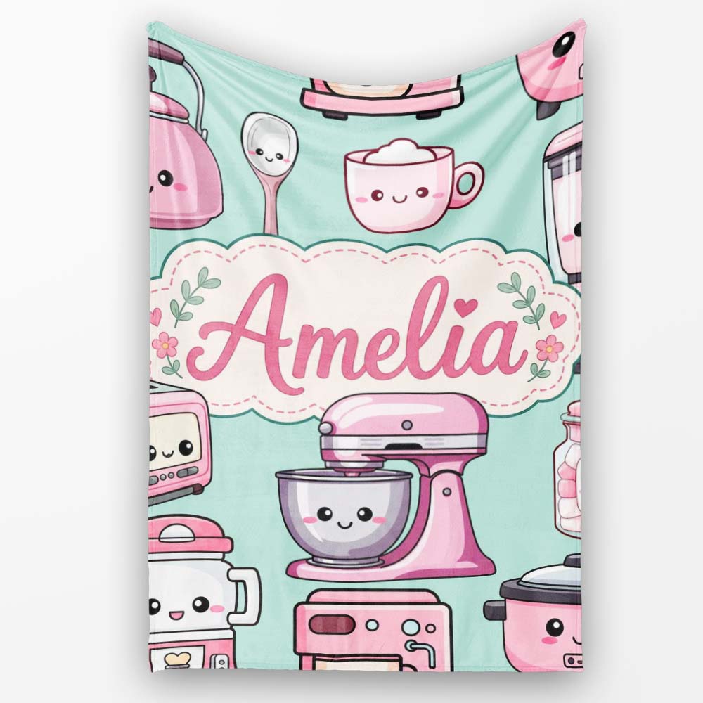 Cute Kawaii Pink Appliances Mint Background Seamless Personalised Custom Name Super Soft Fleece Blanket Bed Sofa Throw