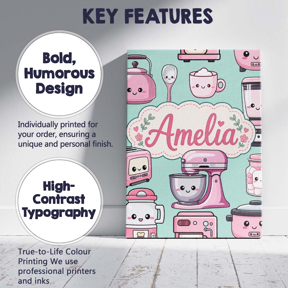 Personalised Name Cute Kawaii Pink Appliances Custom Unique Gift Idea Modern Room Accent Canvas Wall Art Print Decor Picture Ready to Hang