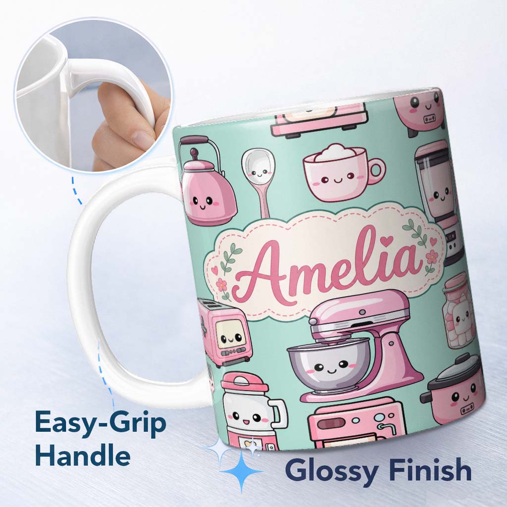 Personalized Custom Name Cute Kawaii Pink Kitchen Appliances Mint Background Seamless 11oz Ceramic Coffee Tea Mug White Large Handle