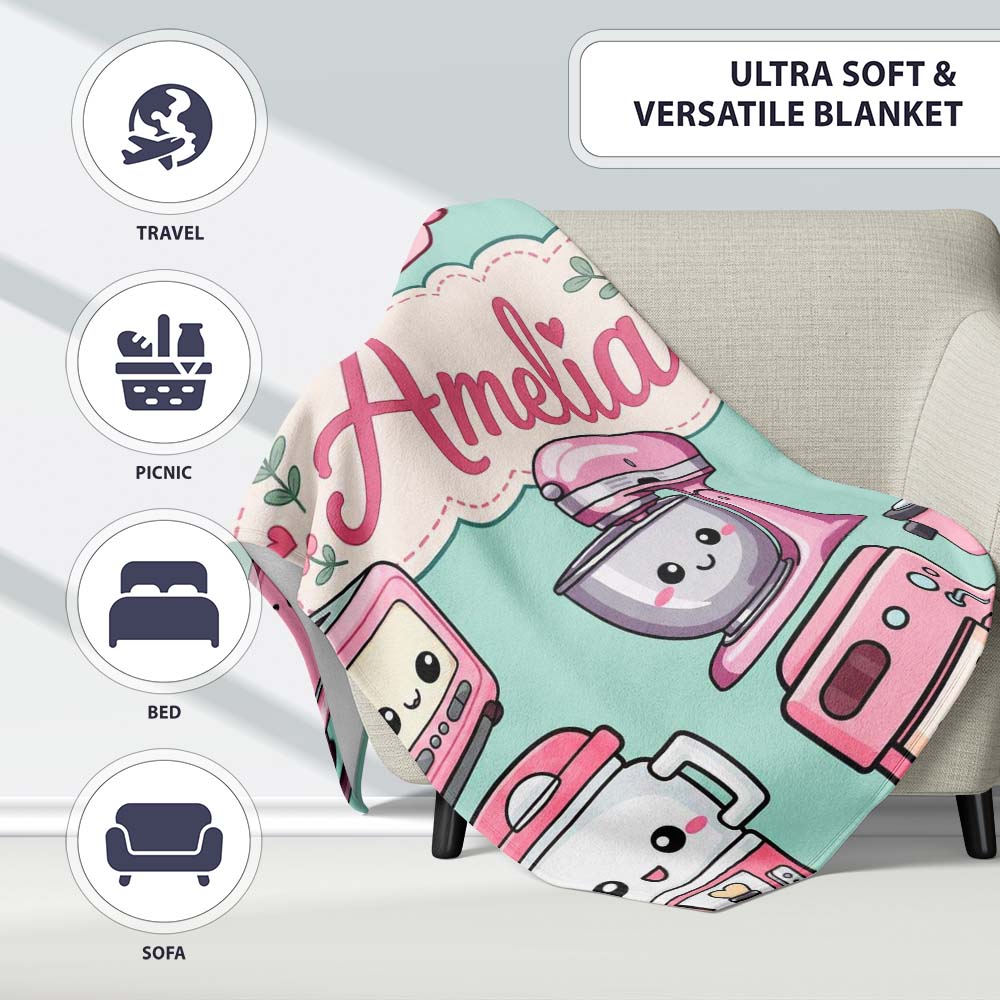 Cute Kawaii Pink Appliances Mint Background Seamless Personalised Custom Name Super Soft Fleece Blanket Bed Sofa Throw