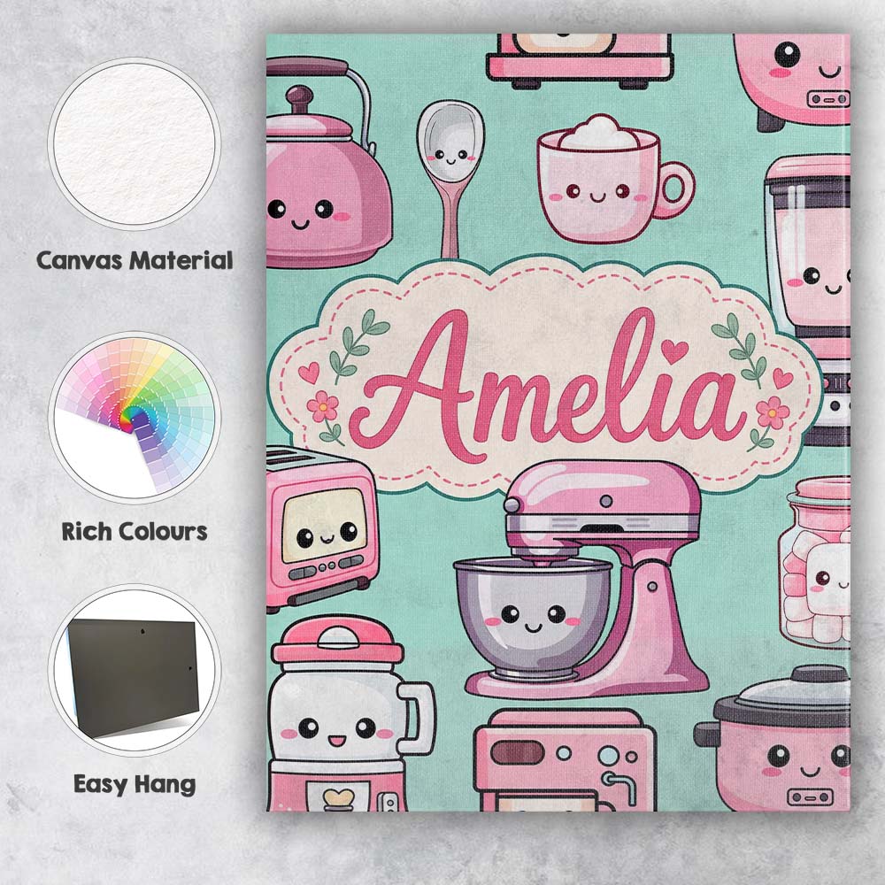 Personalised Name Cute Kawaii Pink Appliances Custom Unique Gift Idea Modern Room Accent Canvas Wall Art Print Decor Picture Ready to Hang