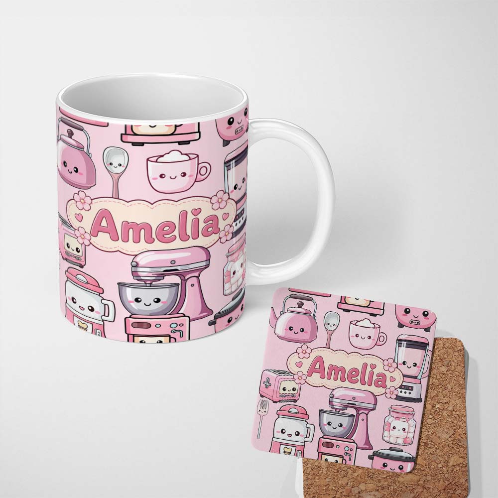 Personalized Custom Name Cute Kawaii Pink Kitchen Appliances Soft Background Seamless 11oz Ceramic Coffee Tea Mug White Large Handle