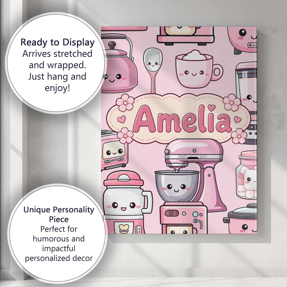 Personalised Name Cute Kawaii Pink Appliances Custom Unique Gift Idea Modern Room Accent Canvas Wall Art Print Decor Picture Ready to Hang