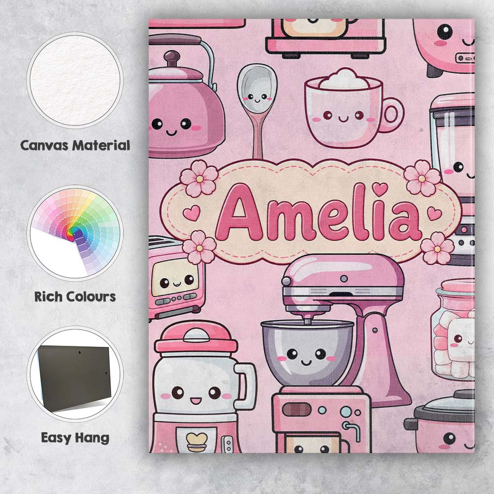 Personalised Name Cute Kawaii Pink Appliances Custom Unique Gift Idea Modern Room Accent Canvas Wall Art Print Decor Picture Ready to Hang