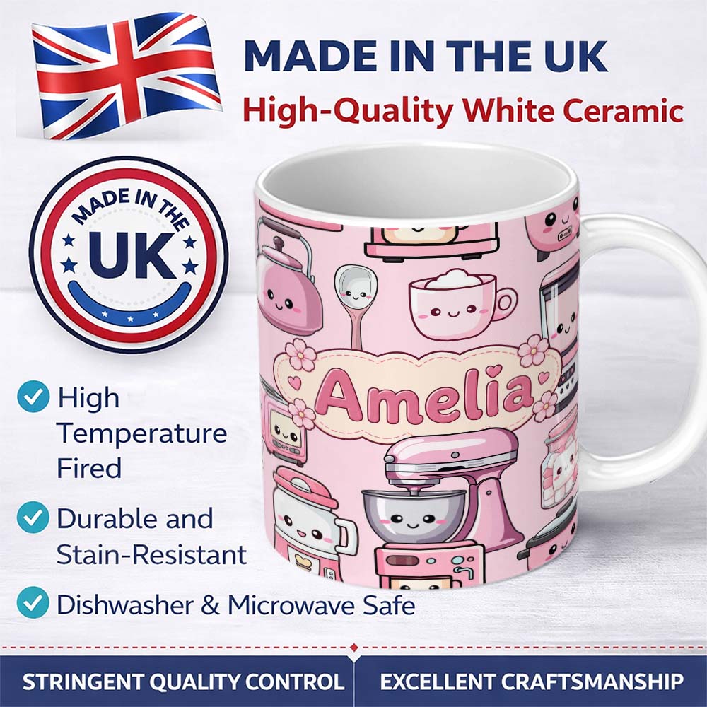 Personalized Custom Name Cute Kawaii Pink Kitchen Appliances Soft Background Seamless 11oz Ceramic Coffee Tea Mug White Large Handle