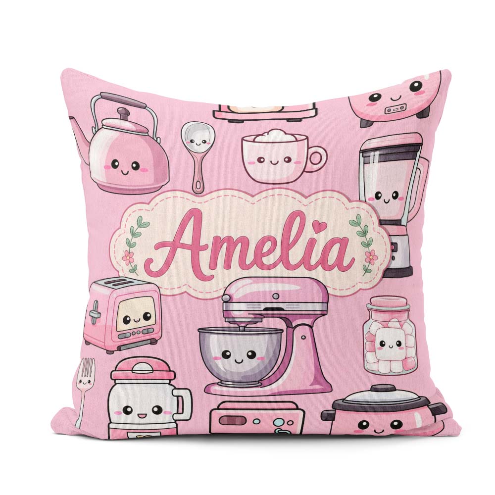 Custom Name Kawaii Pink Appliances Blush Background Seamless Square Filled Cushion Throw Pillow Sofa Bed Home Decor Zip Washable UK Made