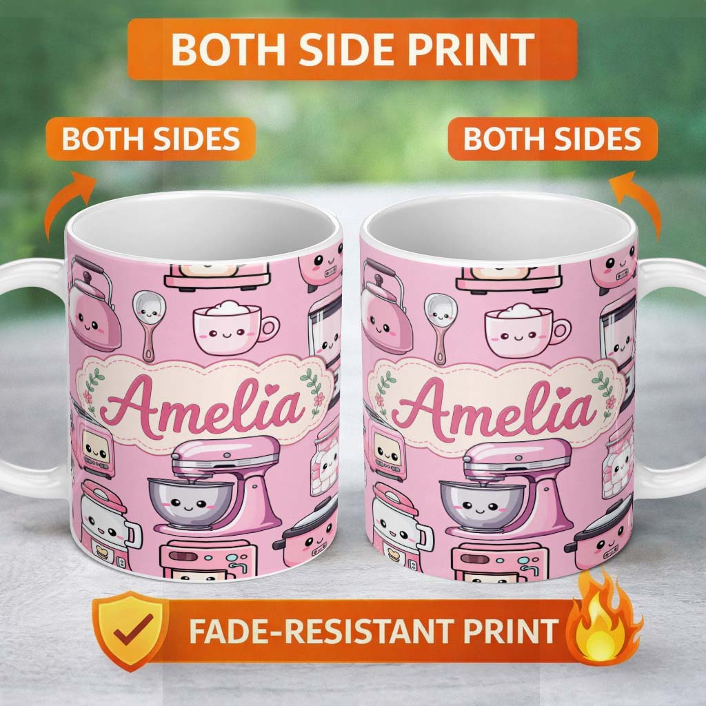Personalized Custom Name Cute Kawaii Pink Kitchen Appliances Blush Background Seamless 11oz Ceramic Coffee Tea Mug White Large Handle