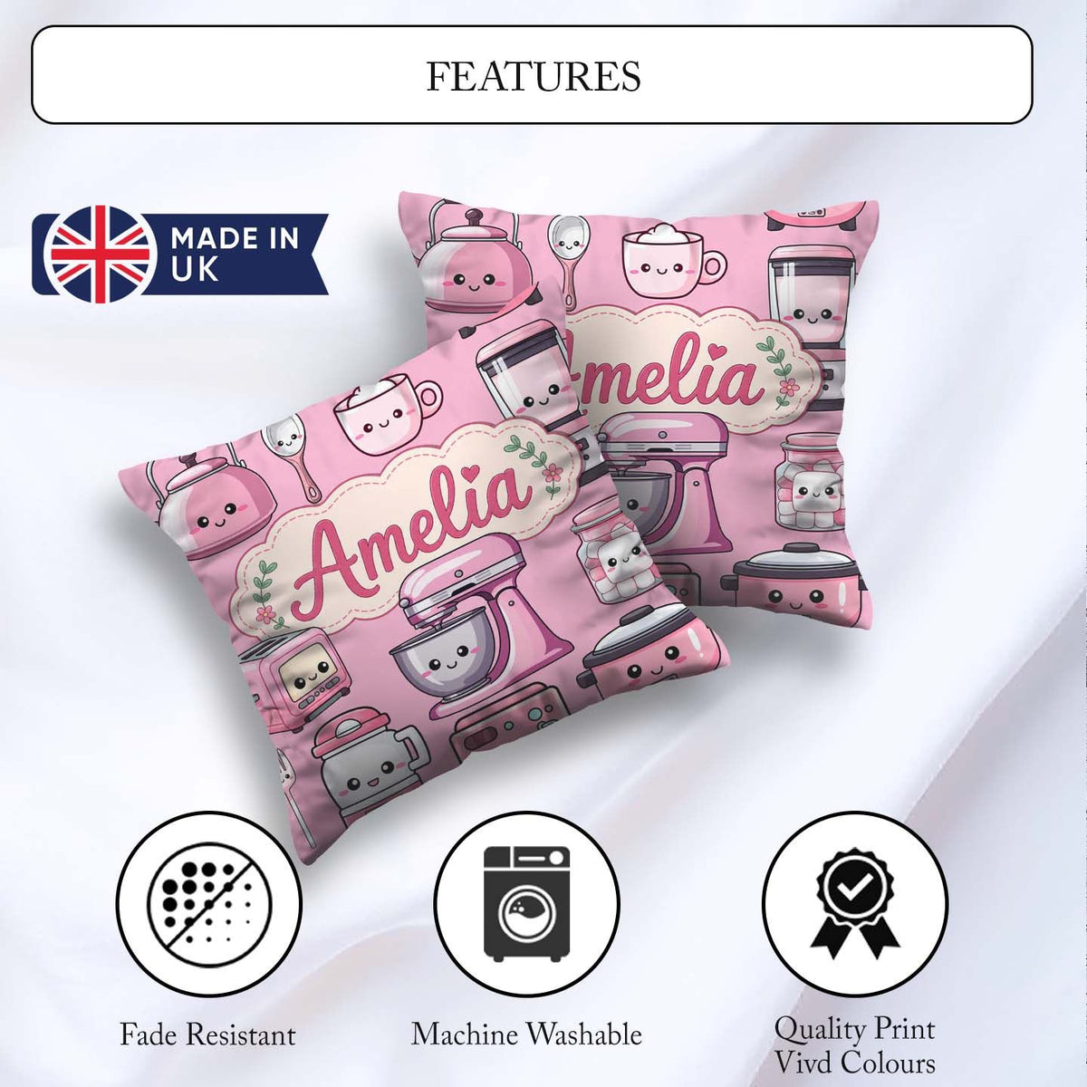 Custom Name Kawaii Pink Appliances Blush Background Seamless Square Filled Cushion Throw Pillow Sofa Bed Home Decor Zip Washable UK Made
