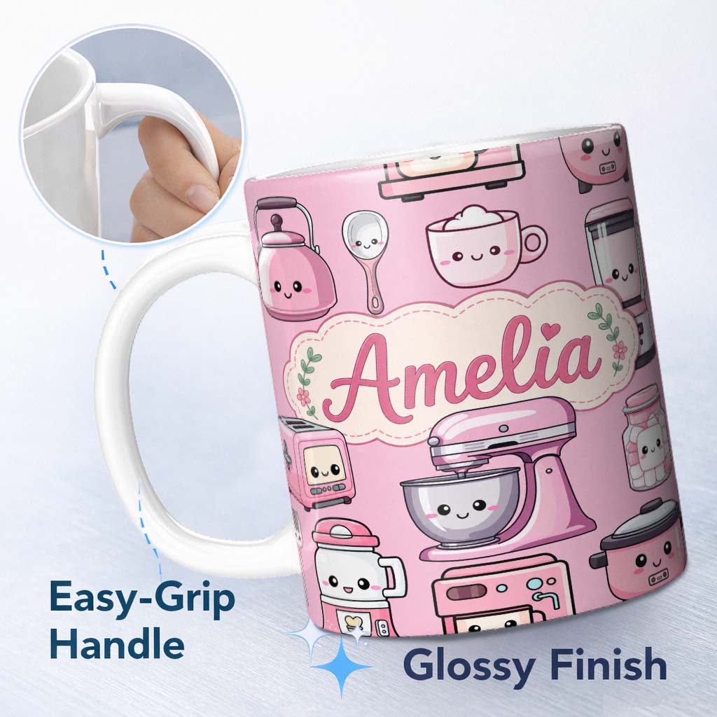 Personalized Custom Name Cute Kawaii Pink Kitchen Appliances Blush Background Seamless 11oz Ceramic Coffee Tea Mug White Large Handle
