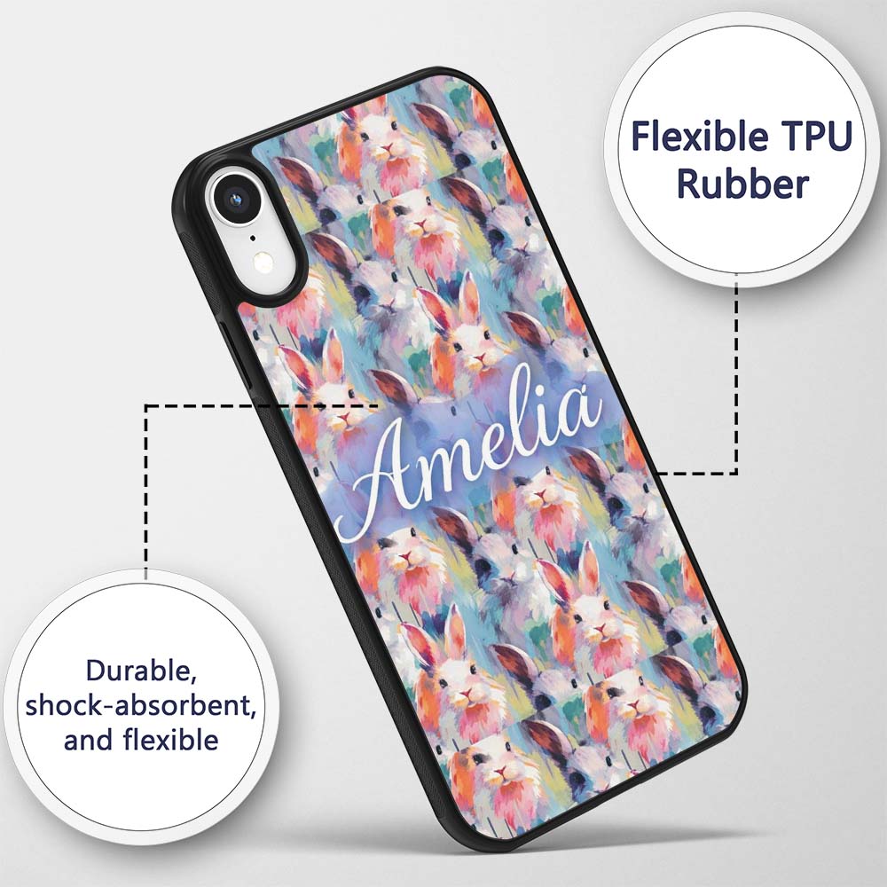 Watercolor Easter Bunny Botanical Printed Design Custom Name Protective Phone Case Mobile Cover Durable Everyday Smartphone Shock Resistant