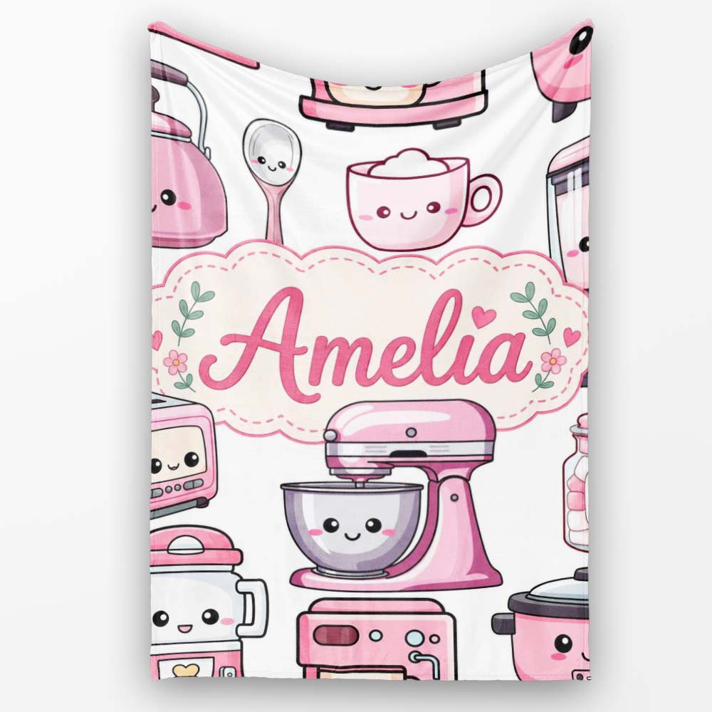 Cute Kawaii Pink Appliances Light Grey Background Seamless Personalised Custom Name Super Soft Fleece Blanket Bed Sofa Throw