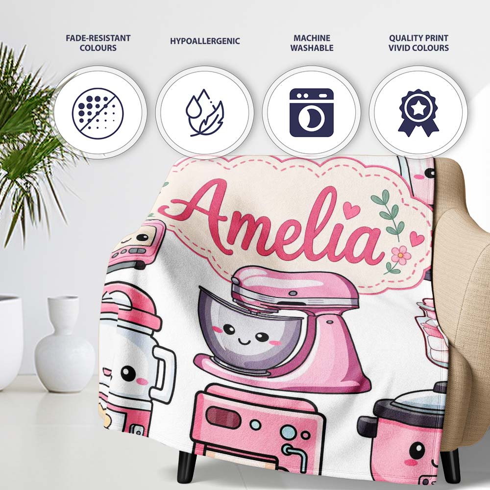 Cute Kawaii Pink Appliances Light Grey Background Seamless Personalised Custom Name Super Soft Fleece Blanket Bed Sofa Throw