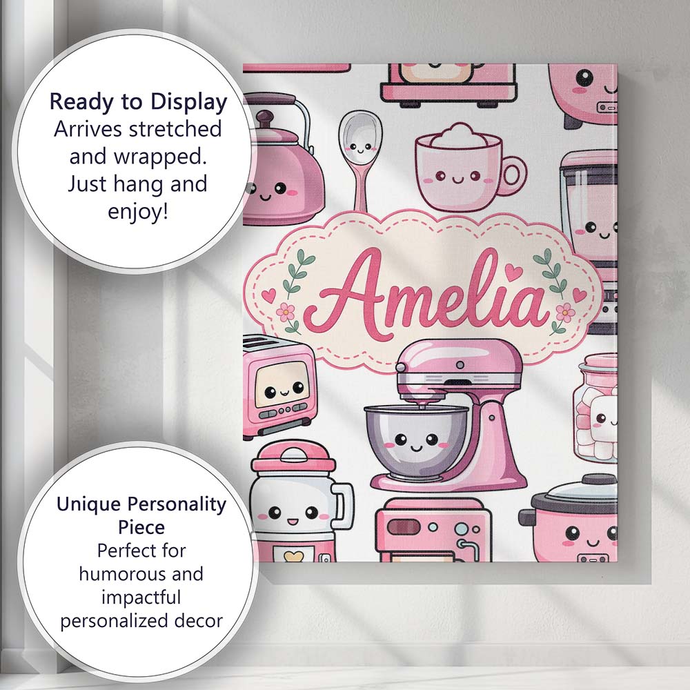 Personalised Name Cute Kawaii Pink Appliances Custom Unique Gift Idea Modern Room Accent Canvas Wall Art Print Decor Picture Ready to Hang