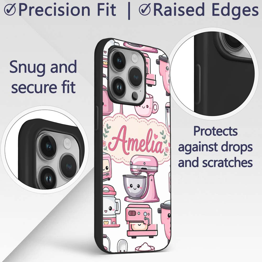 Cute Kawaii Pink Appliances Light Grey Background Custom Name Protective Phone Case Mobile Cover Durable Everyday Smartphone Shock Resistant