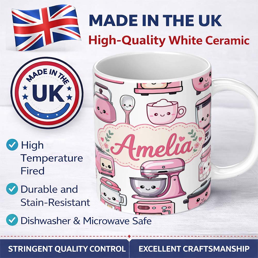Personalized Custom Name Cute Kawaii Pink Kitchen Appliances Light Grey Background Seamless 11oz Ceramic Coffee Tea Mug White Large Handle