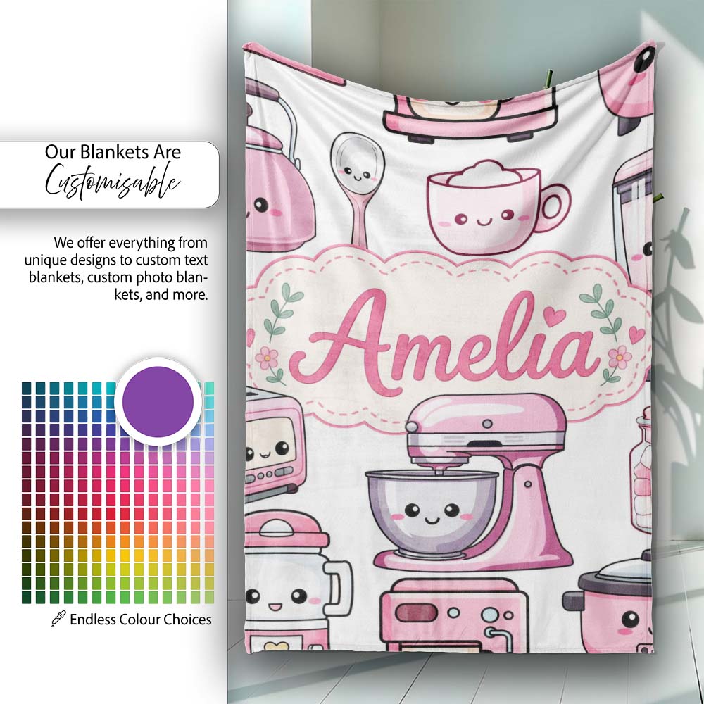 Cute Kawaii Pink Appliances Light Grey Background Seamless Personalised Custom Name Super Soft Fleece Blanket Bed Sofa Throw