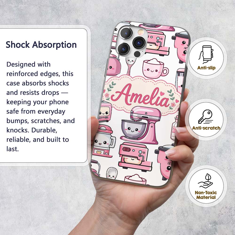 Cute Kawaii Pink Appliances Light Grey Background Custom Name Protective Phone Case Mobile Cover Durable Everyday Smartphone Shock Resistant