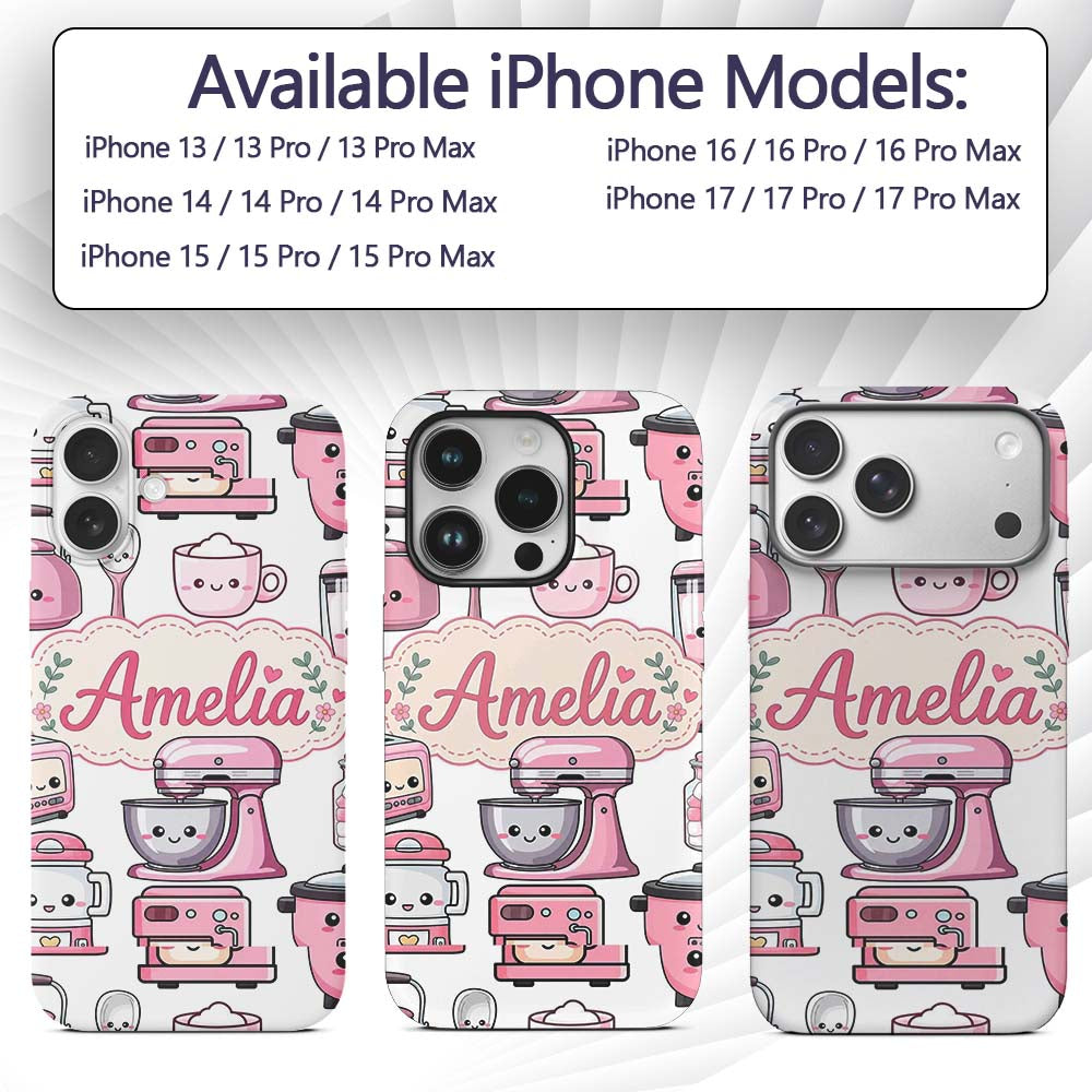 Cute Kawaii Pink Appliances Light Grey Background Custom Name Protective Phone Case Mobile Cover Durable Everyday Smartphone Shock Resistant