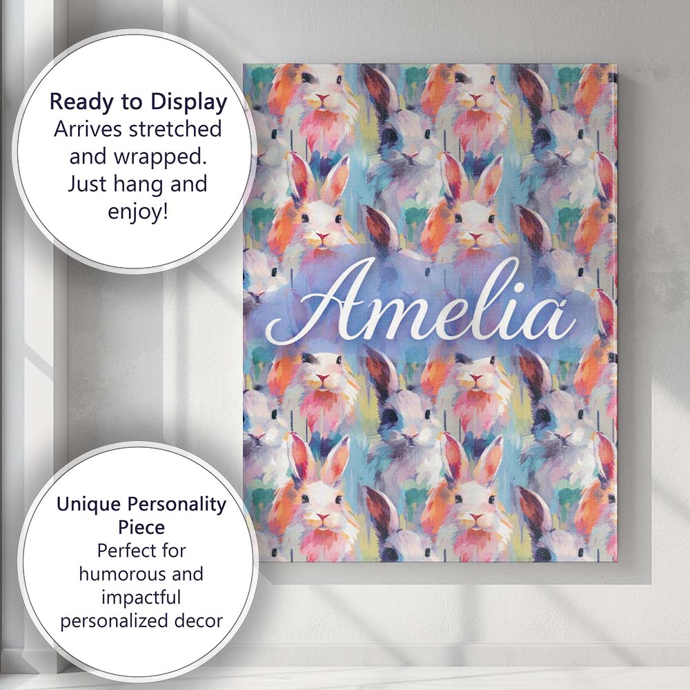 Personalised Name Watercolor Easter Bunny Botanical Seamless Pattern Custom Home Canvas Wall Art Print Decor Picture Ready to Hang