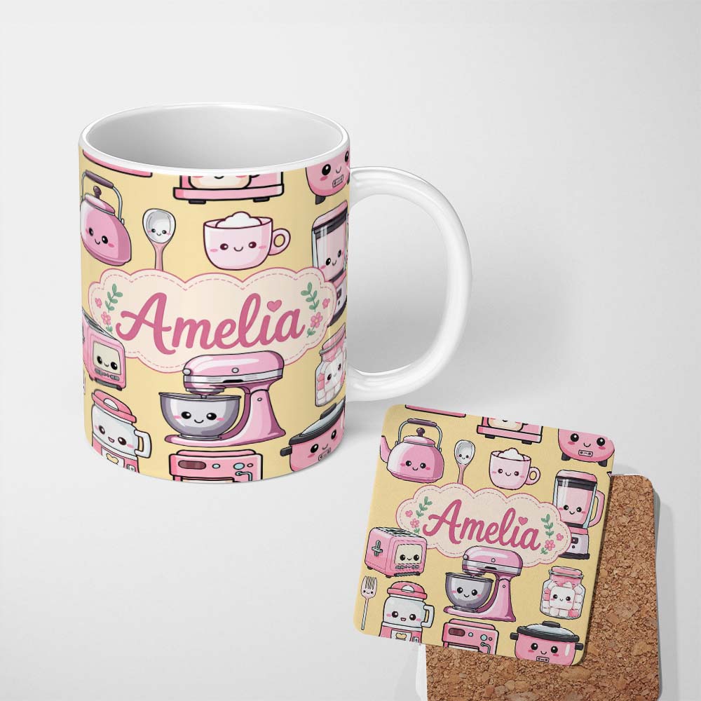 Personalized Custom Name Cute Kawaii Pink Kitchen Appliances Warm Yellow Background Seamless 11oz Ceramic Coffee Tea Mug White Large Handle