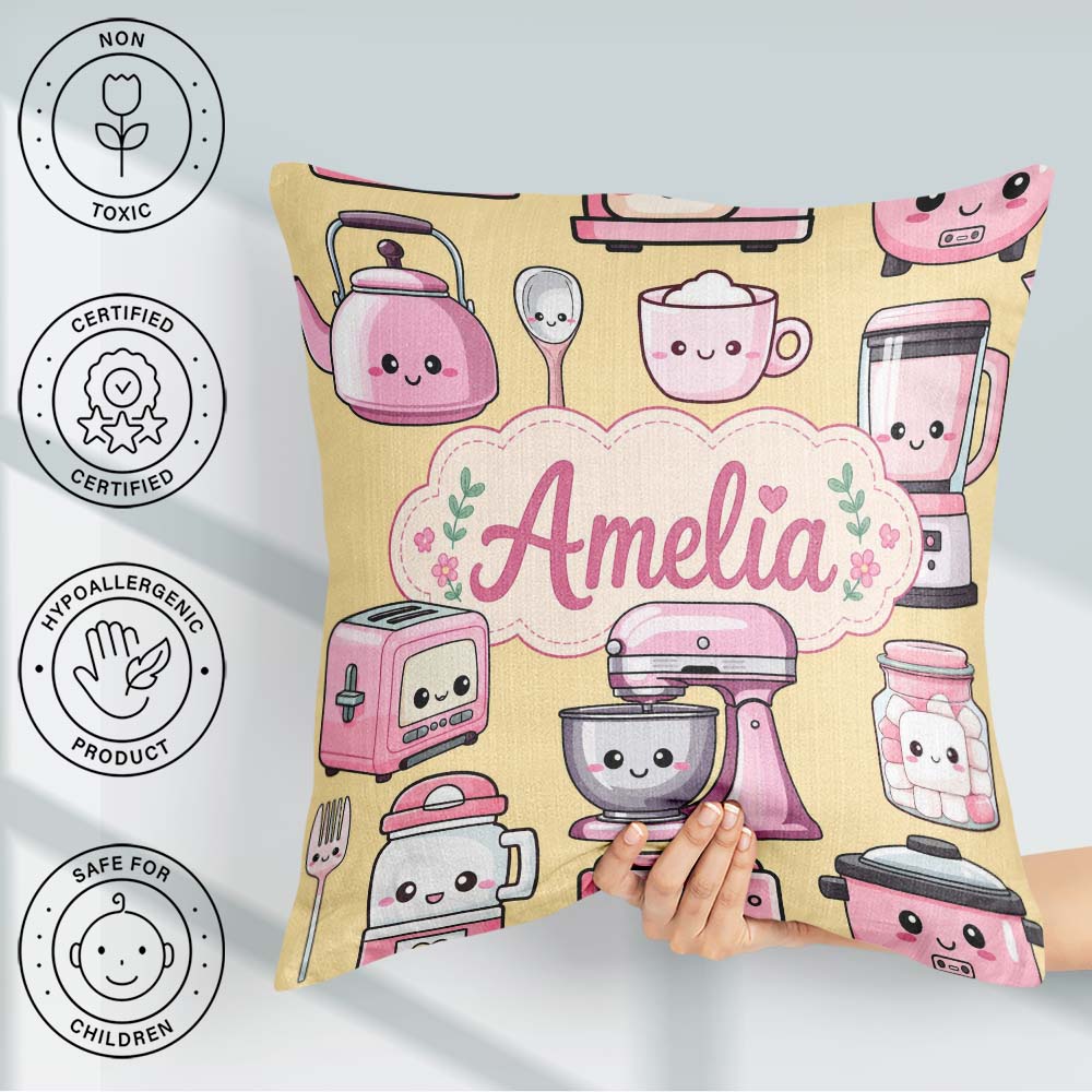 Custom Name Cute Kawaii Pink Appliances Warm Background Seamless Square Filled Cushion Throw Pillow Sofa Bed Home Decor Zip Washable UK Made