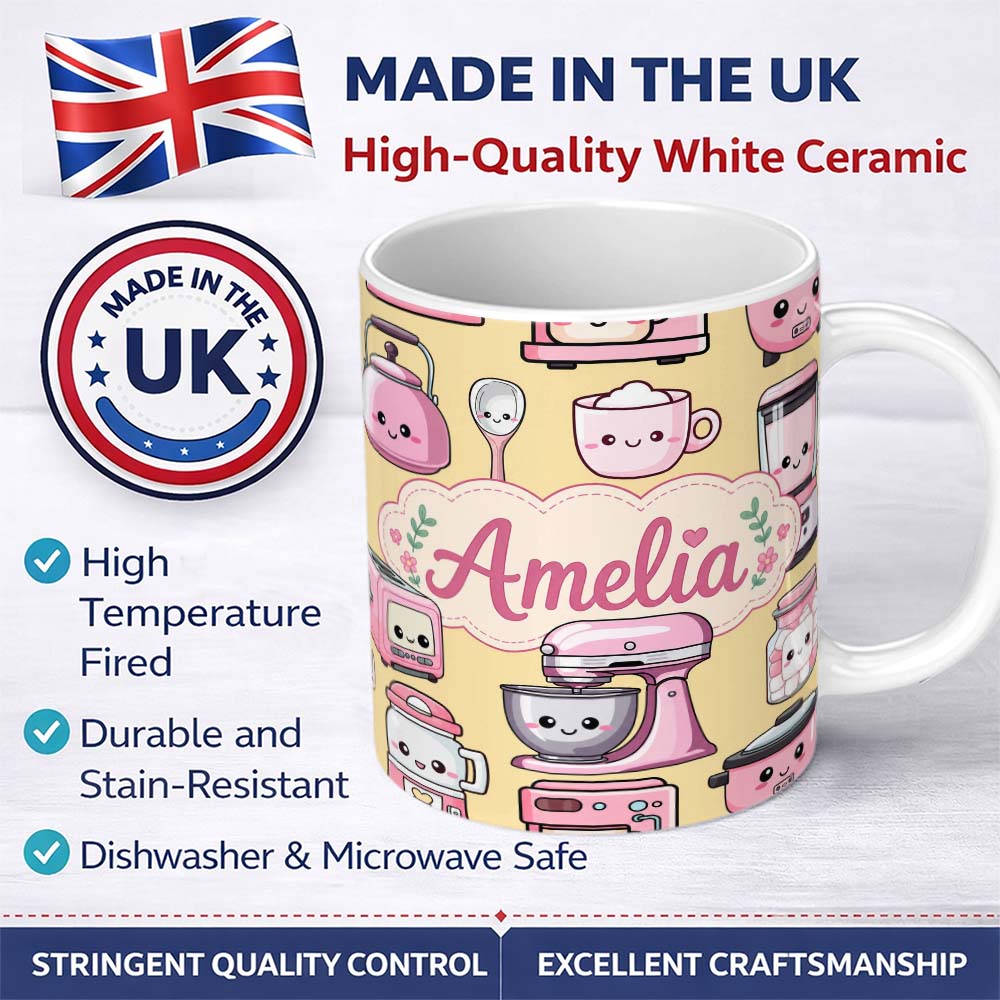 Personalized Custom Name Cute Kawaii Pink Kitchen Appliances Warm Yellow Background Seamless 11oz Ceramic Coffee Tea Mug White Large Handle