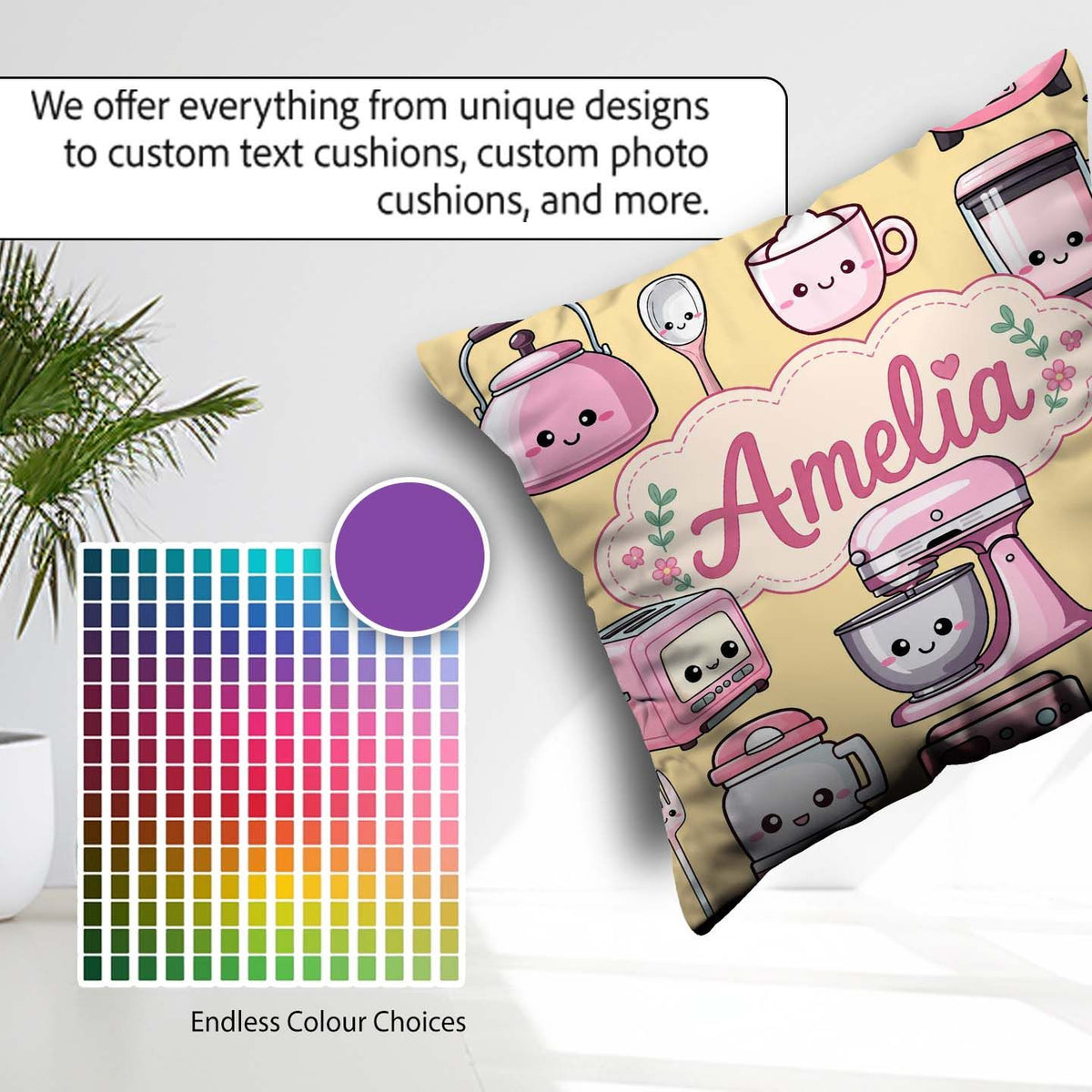 Custom Name Cute Kawaii Pink Appliances Warm Background Seamless Square Filled Cushion Throw Pillow Sofa Bed Home Decor Zip Washable UK Made