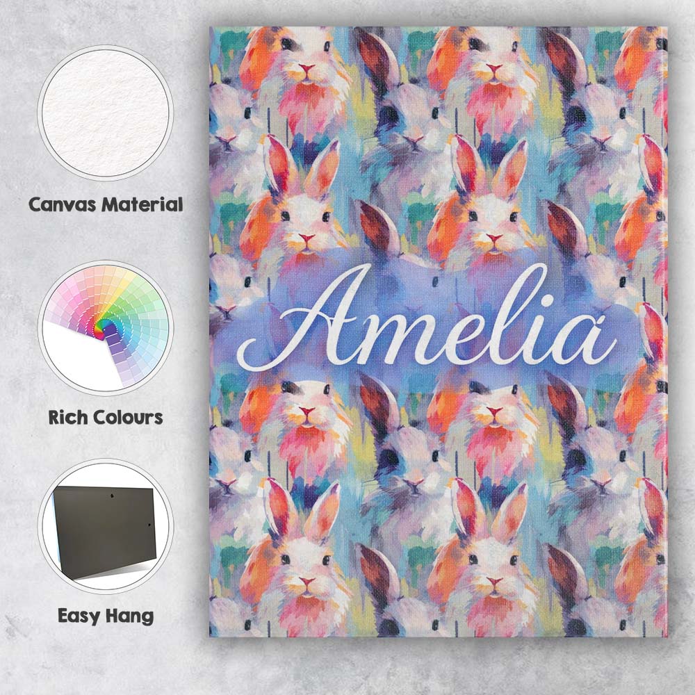 Personalised Name Watercolor Easter Bunny Botanical Seamless Pattern Custom Home Canvas Wall Art Print Decor Picture Ready to Hang