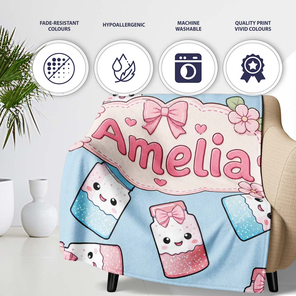 Cute Kawaii Sweet Sugar Jars with Bows Pastel Blue Background Personalised Custom Name Super Soft Fleece Blanket Bed Sofa Throw