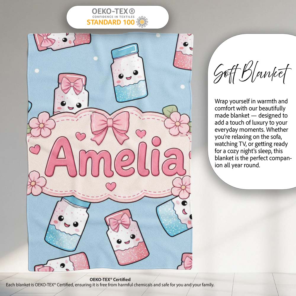 Cute Kawaii Sweet Sugar Jars with Bows Pastel Blue Background Personalised Custom Name Super Soft Fleece Blanket Bed Sofa Throw
