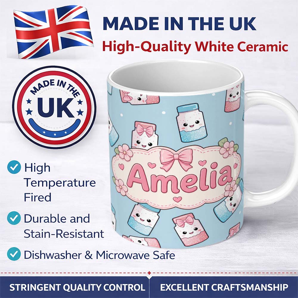Personalized Custom Name Cute Kawaii Sweet Sugar Jars with Bows Pastel Blue Background 11oz Ceramic Coffee Tea Mug White Large Handle