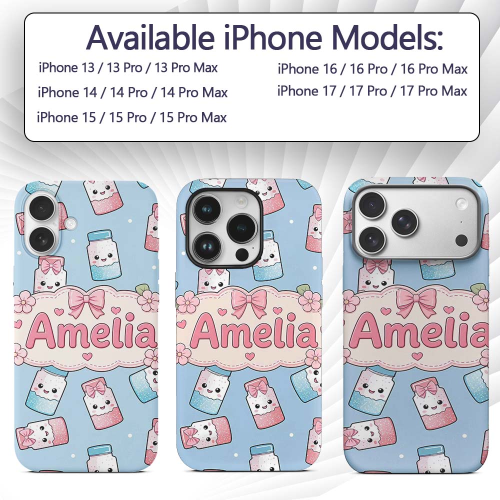 Cute Kawaii Sweet Sugar Jars with Bows Pastel Custom Name Protective Phone Case Mobile Cover Durable Everyday Smartphone Shock Resistant