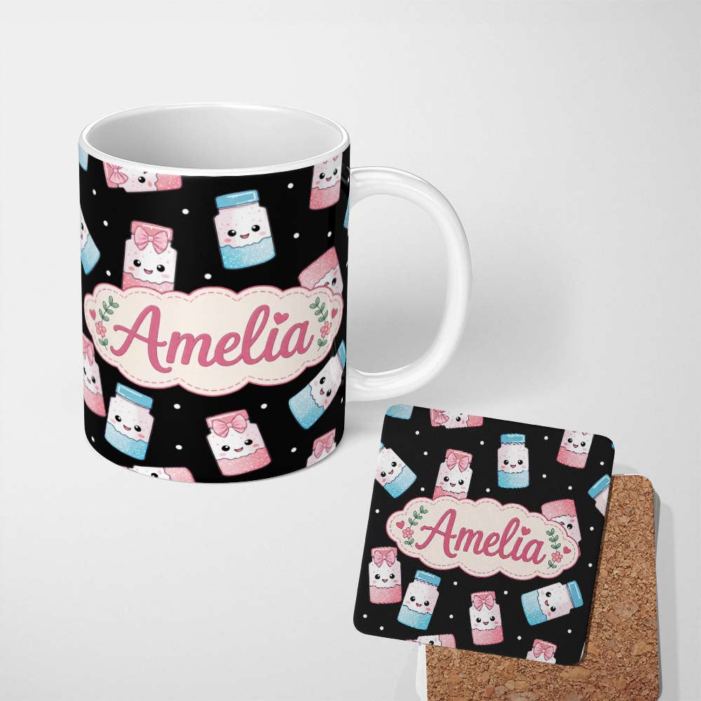 Personalized Custom Name Cute Kawaii Sweet Sugar Jars with Bows Black Background Seamless 11oz Ceramic Coffee Tea Mug White Large Handle