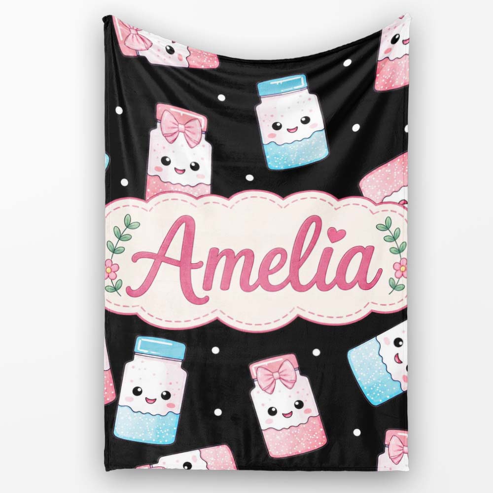 Cute Kawaii Sweet Sugar Jars with Bows Black Background Seamless Personalised Custom Name Super Soft Fleece Blanket Bed Sofa Throw