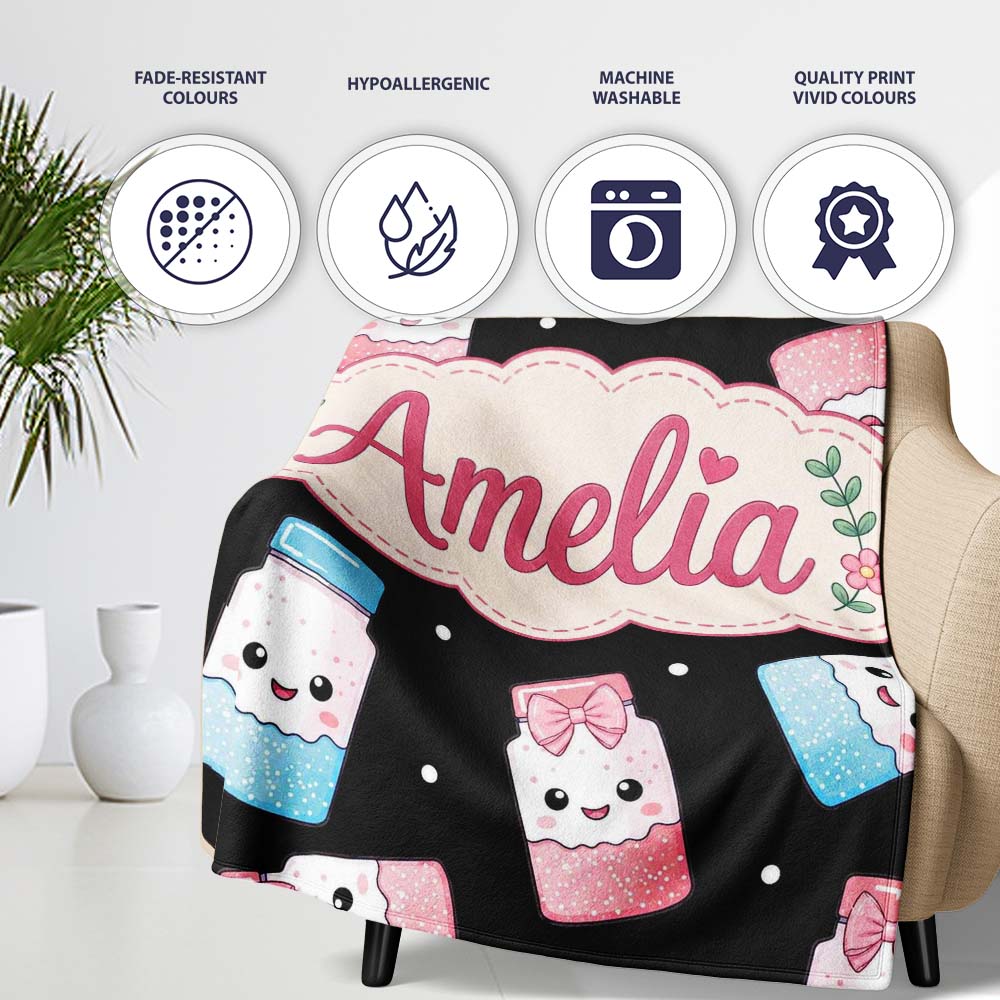 Cute Kawaii Sweet Sugar Jars with Bows Black Background Seamless Personalised Custom Name Super Soft Fleece Blanket Bed Sofa Throw
