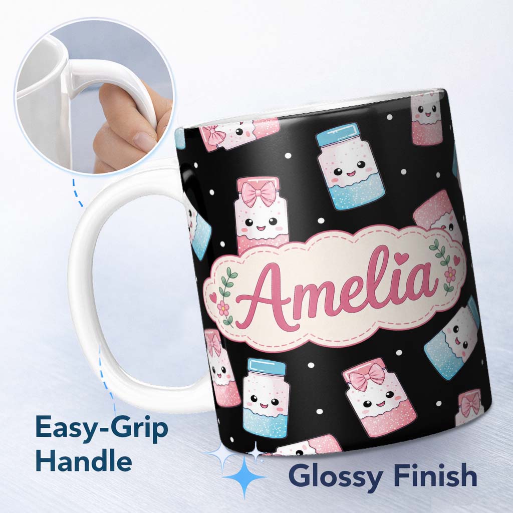 Personalized Custom Name Cute Kawaii Sweet Sugar Jars with Bows Black Background Seamless 11oz Ceramic Coffee Tea Mug White Large Handle