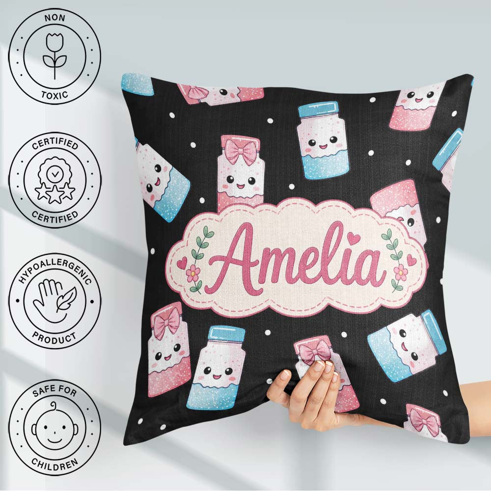 Custom Name Sweet Sugar Jars with Bows Black Background Seamless Square Filled Cushion Throw Pillow Sofa Bed Home Decor Zip Washable UK Made