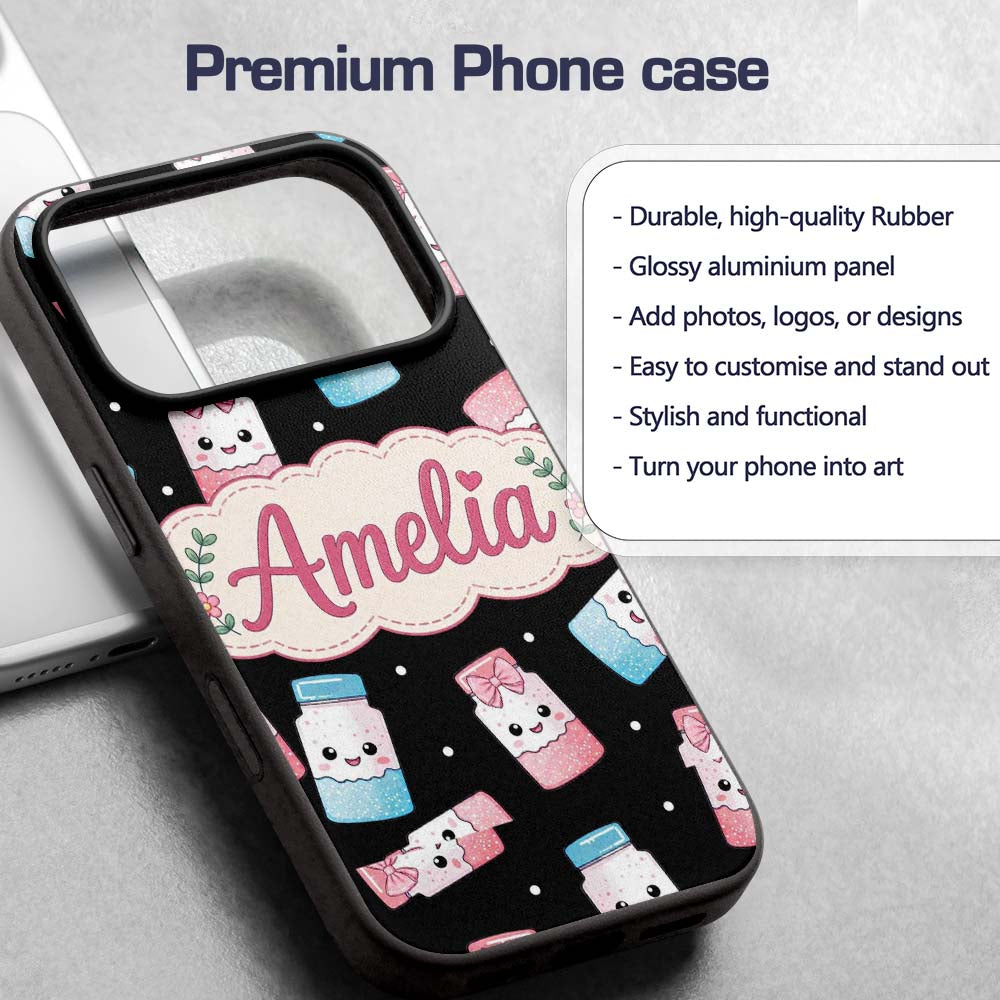 Cute Kawaii Sweet Sugar Jars with Bows Black Custom Name Protective Phone Case Mobile Cover Durable Everyday Smartphone Shock Resistant