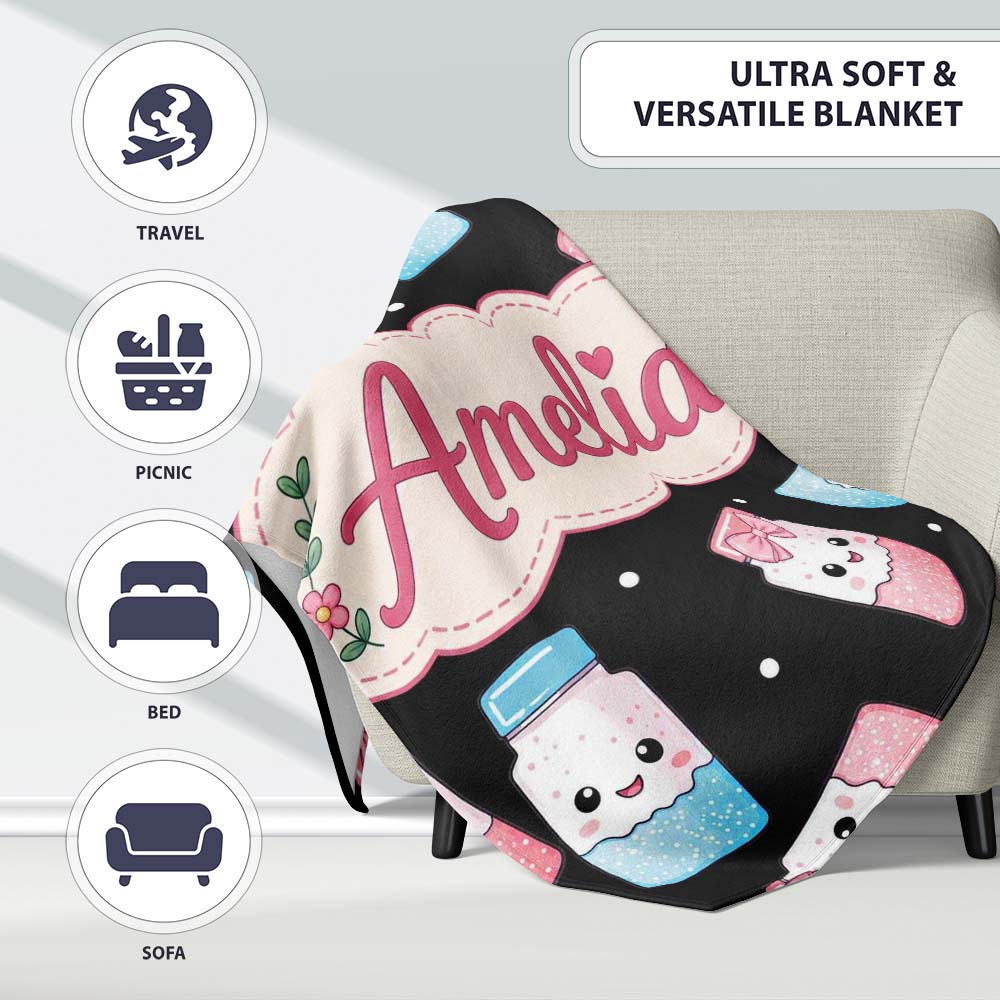 Cute Kawaii Sweet Sugar Jars with Bows Black Background Seamless Personalised Custom Name Super Soft Fleece Blanket Bed Sofa Throw