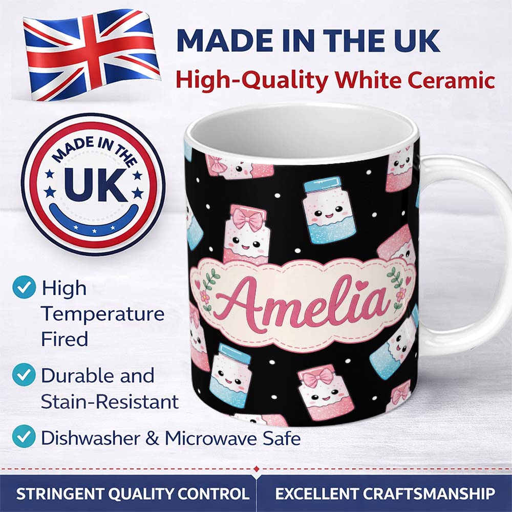 Personalized Custom Name Cute Kawaii Sweet Sugar Jars with Bows Black Background Seamless 11oz Ceramic Coffee Tea Mug White Large Handle
