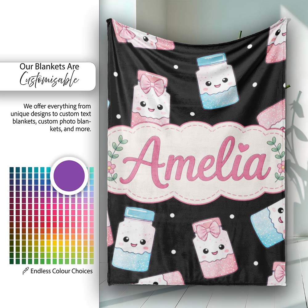 Cute Kawaii Sweet Sugar Jars with Bows Black Background Seamless Personalised Custom Name Super Soft Fleece Blanket Bed Sofa Throw